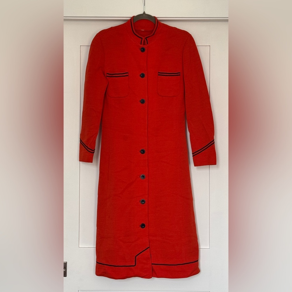 Bold Red Long-Sleeve Dress/Jacket with Black Trim and Mandarin Collar